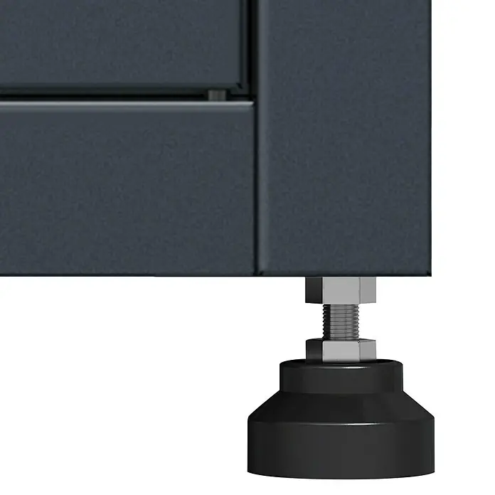 KGT Hochbeet UrbanGrow M Space - 101 x 51 x 86 cm, Metall, Anthrazit-grau - Nahaufnahme einer justierbaren Nivellierfuß für Möbel, ideal um unebene Böden auszugleichen und Stabilität zu gewährleisten.