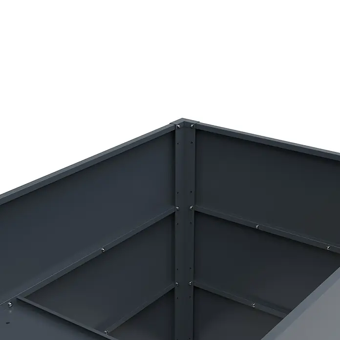 KGT Hochbeet UrbanGrow L - 149 x 74 x 78 cm, Metall, Anthrazit-grau - Nahaufnahme eines grauen Pflanzkastens aus Metall mit sichtbaren Schrauben, der Stabilität und Funktionalität vereint.