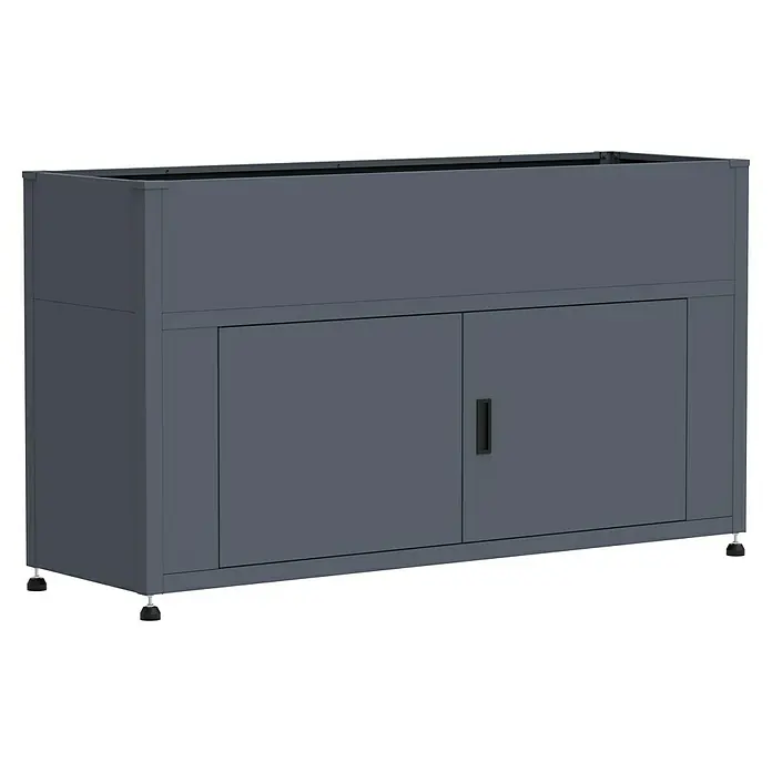 KGT Hochbeet UrbanGrow L Space - 159 x 51 x 86 cm, Metall, Anthrazit-grau - Ein grauer Badezimmerschrank mit zwei Türen und einem Griff. Der Schrank steht auf kleinen Füßen.