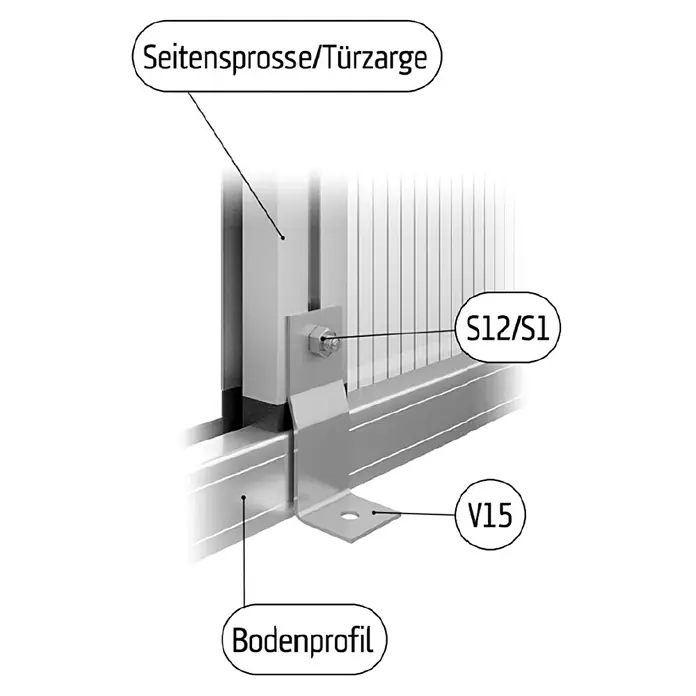 KGT Befestigungs-Set - Geeignet für: Gewächshaus - Seitenansicht eines Bodenprofils mit Seitenstütze und Türzarge, verbunden durch eine Halterung mit der Bezeichnung S12/S1 und V15.