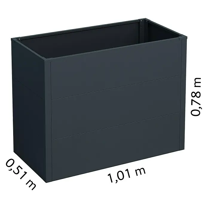 KGT Hochbeet UrbanGrow M - 101 x 51 x 78 cm, Metall, Anthrazit-grau - Bild eines grauen Blumenkastens mit Maßangaben, der sich ideal für den Garten oder Balkon eignet.