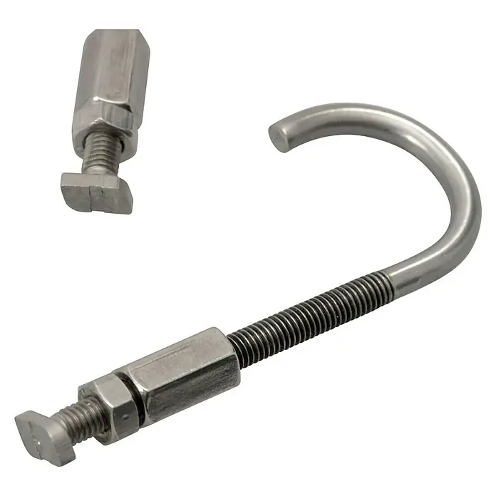 KGT Haken - 5 Stk. - Nahaufnahme eines einstellbaren Abwasserrohr-Offset-Verbinders aus Metall für Sanitärinstallationen.