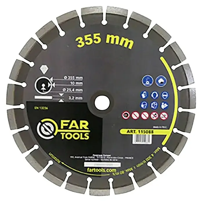 Fartools Disco de corte - Ø x Es: 355 x 3,2 mm, Orificio: 25,4 mm - La imagen muestra un disco de corte "FAR TOOLS" con un diámetro de 355 mm, ideal para trabajos de corte profesionales.