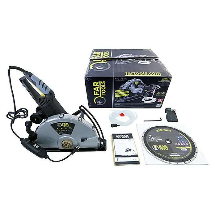 Fartools Cortador de hormigón MC355A - 2.600 W, Número de revoluciones de marcha en vacío: 4.300 r.p.m., Diámetro máximo del disco: 355 mm - Cortadora de azulejos Far Tools MC 355A con accesorios y disco de diamante para cortes precisos en azulejos y materiales de piedra.