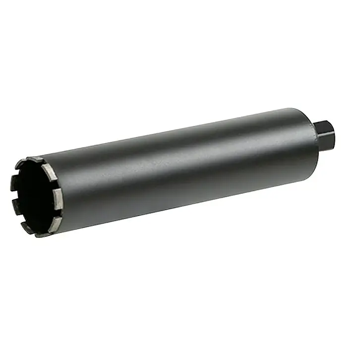 Fartools Sierra de corona diamantada - Ø x L: 102 x 400 mm - Primer plano de una broca de corona negra con bordes dentados diseñada para una perforación precisa en diversos materiales.