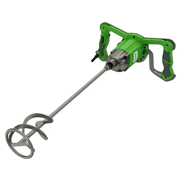 Berg Handrührwerk MX 14 - Mischvolumen: 120 l, 1.400 W - Bild eines grünen BERG-Rührwerks mit Doppelgriff und Edelstahldüse. Ideal zum Mischen von Farben, Mörtel, Klebstoffen und Putz.