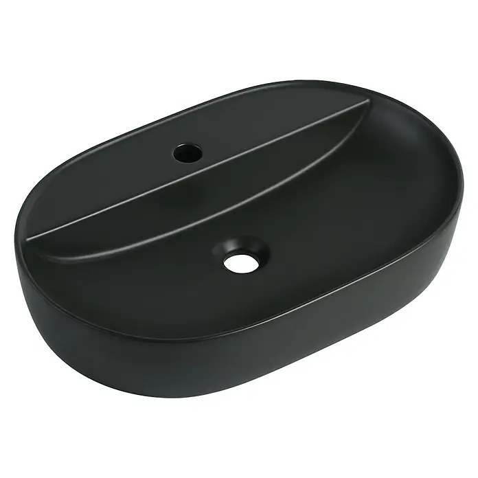 Sanicomfort Aufsatzwaschbecken Tari - 60 x 40 cm, Hahnloch: Mitte, Ohne Überlauf, Schwarz - Schwarzes, ovales Waschbecken mit zwei Becken und einer glatten, matten Oberfläche. Ideal für moderne Badezimmer.