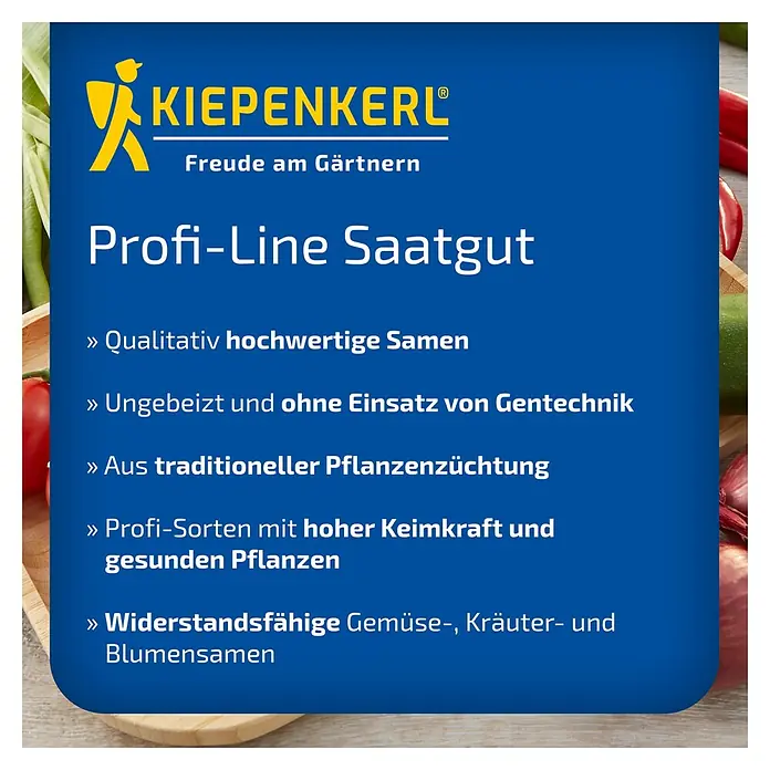Kiepenkerl Gemüsesamen Chili-Paprika Gutera - Capsicum annuum, Erntezeit: Juli, Ausreichend Saatgut für zahlreiche gesunde Pflanzen - Werbung für Kiepenkerl Profi-Line Saatgut, mit Fokus auf hochwertige, gentechnikfreie Samen aus traditioneller Züchtung.
