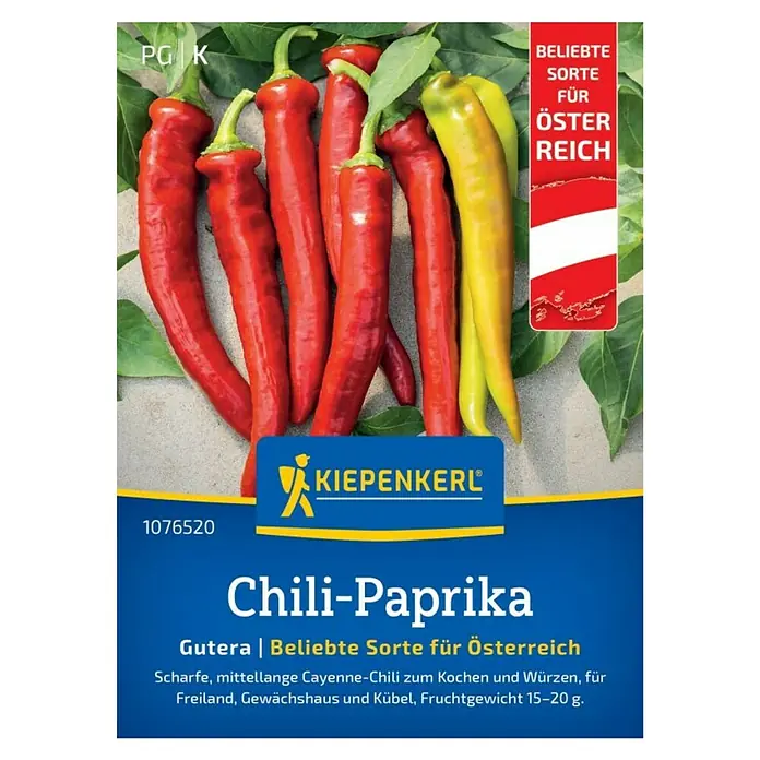 Kiepenkerl Gemüsesamen Chili-Paprika Gutera - Capsicum annuum, Erntezeit: Juli, Ausreichend Saatgut für zahlreiche gesunde Pflanzen - Abbildung der Chili-Paprika "Gutera", eine beliebte Sorte aus Österreich, ideal zum Kochen und Würzen.