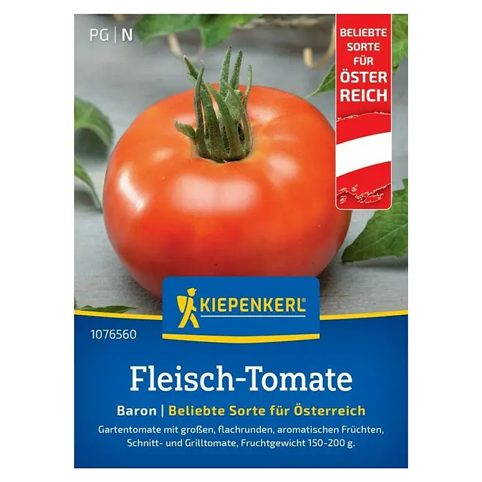 Kiepenkerl Gemüsesamen Fleischtomate Baron - Inhalt reicht für ca.: 10 Pflanzen - Bild einer 'Fleisch-Tomate Baron' Samenpackung von Kiepenkerl, eine beliebte Sorte aus Österreich.