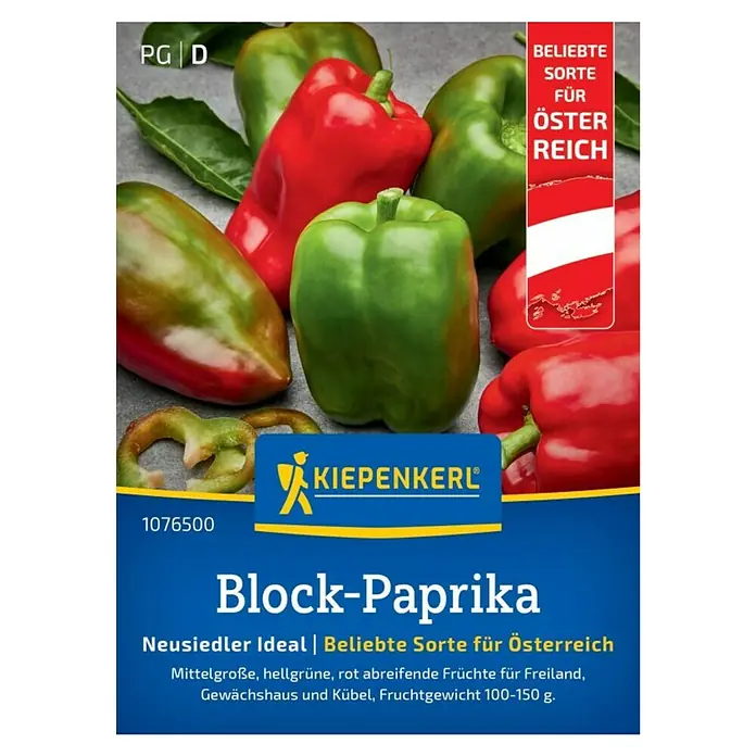 Kiepenkerl Gemüsesamen Paprika Neusiedler Ideal - Capsicum annuum, Erntezeit: Juli, Samenmenge ausreichend für zahlreiche ertragreiche Pflanzen - Das Bild zeigt eine Samenpackung Block-Paprika Neusiedler Ideal von Kiepenkerl, eine beliebte Sorte für Österreich.
