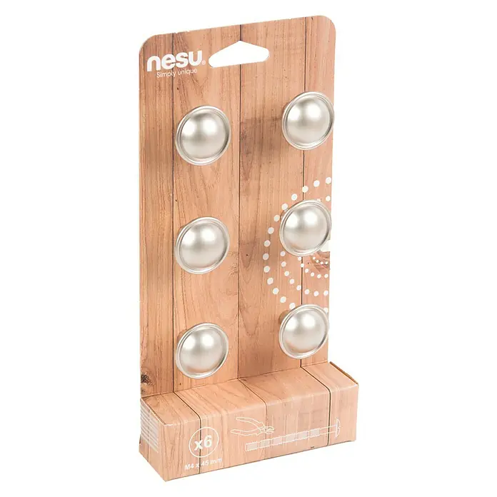 Nesu Pomo para muebles 13302 6 uds. - 6 ud., Ø x Al: 29 x 23 mm, Acero, Niquelado - Primer plano de un paquete de seis pomos de metal para muebles de Nesu, que ofrecen un diseño sencillo y único para la decoración de interiores.