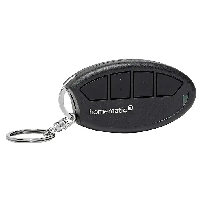 Homematic IP Fernbedienung Schlüsselbundfernbedienung – 4 Tasten - Schwarz - Abbildung einer Homematic IP-Fernbedienung mit vier Tasten und einem Schlüsselanhänger auf einem dunklen Hintergrund.