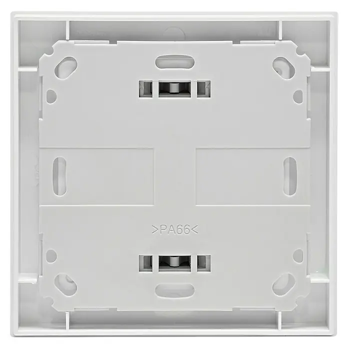 Homematic IP Funk-Wandtaster HmIP-WRC2-2 - 2-fach, Batteriebetrieben, 19 x 86 x 86 mm, Weiß - Rückansicht einer weißen Schalterdose aus robustem PA66-Material mit Montageöffnungen und Anschlussklemmen für eine sichere Installation.