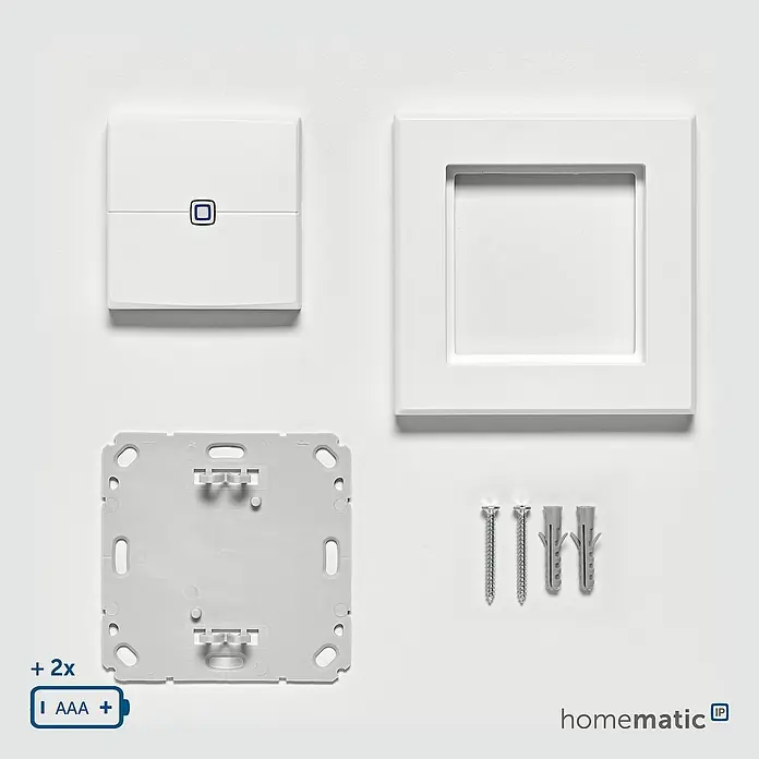 Homematic IP Funk-Wandtaster HmIP-WRC2-2 - 2-fach, Batteriebetrieben, 19 x 86 x 86 mm, Weiß - Produktbild einer Homematic IP Wandtaster inklusive Montagezubehör.