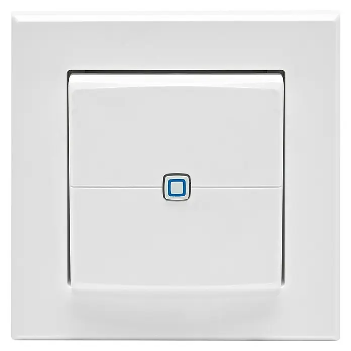 Homematic IP Funk-Wandtaster HmIP-WRC2-2 - 2-fach, Batteriebetrieben, 19 x 86 x 86 mm, Weiß - Nahaufnahme eines weißen Lichtschalters mit blauem Akzent in einem modernen Design. Ideal für zeitgemäße Innenräume und einfache Bedienung.
