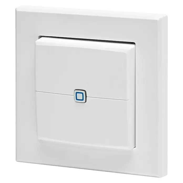 Homematic IP Funk-Wandtaster HmIP-WRC2-2 - 2-fach, Batteriebetrieben, 19 x 86 x 86 mm, Weiß - Nahaufnahme eines weißen Wandschalters mit blauem Symbol, ideal für moderne Innenräume.