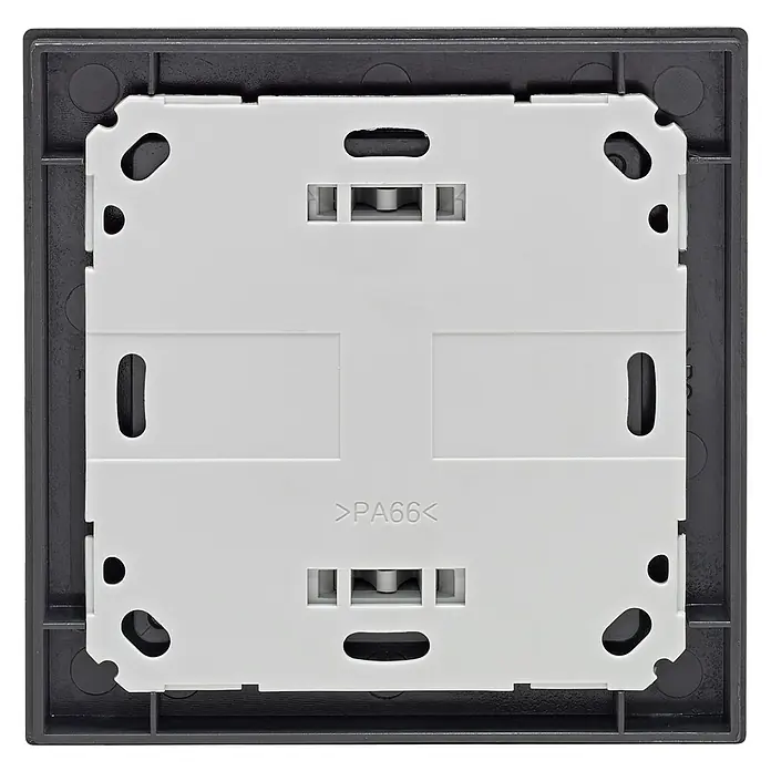 Homematic IP Funk-Wandtaster HmIP-WRC2-A-2 - 2-fach, Batteriebetrieben, 19 x 86 x 86 mm, Anthrazit - Rückseite eines Schalters mit Befestigungslöchern und >PA66< Kennzeichnung, ideal für Elektroinstallationen.