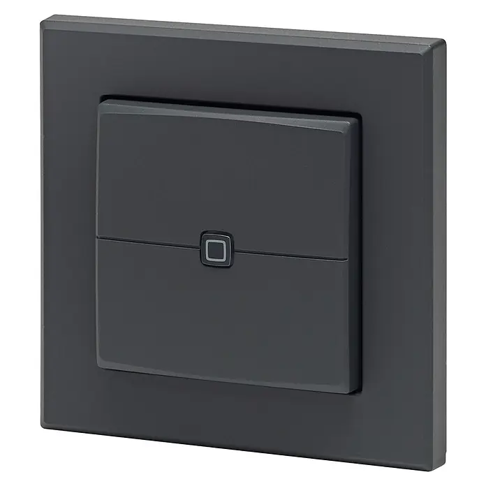 Homematic IP Funk-Wandtaster HmIP-WRC2-A-2 - 2-fach, Batteriebetrieben, 19 x 86 x 86 mm, Anthrazit - Nahaufnahme einer grauen Busch-Jaeger Schalterabdeckung, die modernes Design und Funktionalität für Ihr Zuhause vereint.