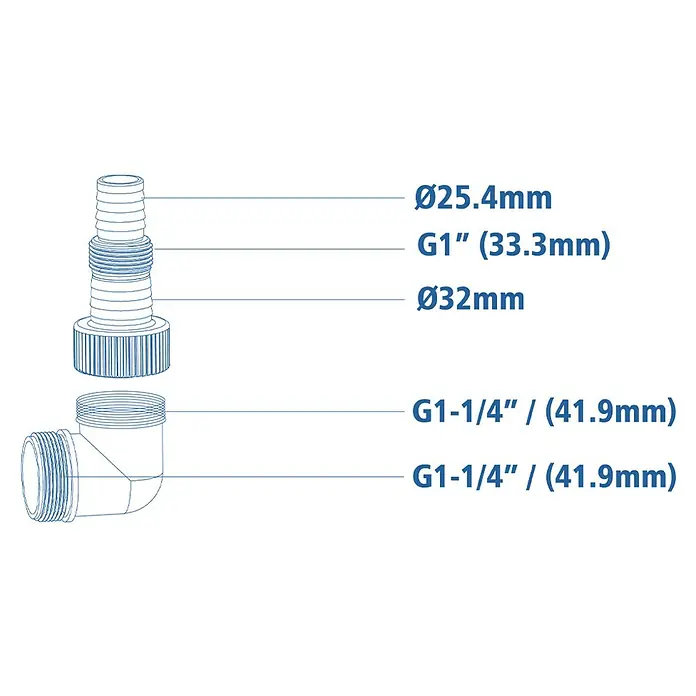 Bomba para aguas residuales - 400 W, Capacidad de bombeo máx.: 8.000 l/h, Profundidad de inmersión: 7 m - Ilustración de un adaptador y un codo con especificaciones de tamaño, incluyendo Ø25.4mm, G1", Ø32mm, y G1-1/4", adecuados para instalaciones de fontanería.