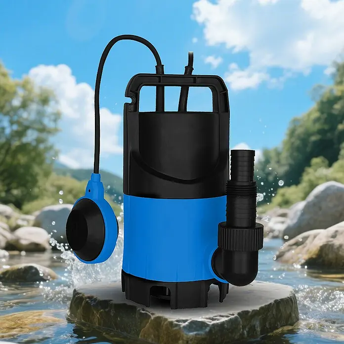 Bomba para aguas residuales - 400 W, Capacidad de bombeo máx.: 8.000 l/h, Profundidad de inmersión: 7 m - La bomba sumergible azul y negra está sobre una roca en el agua. Está diseñada para riego y drenaje de jardines.
