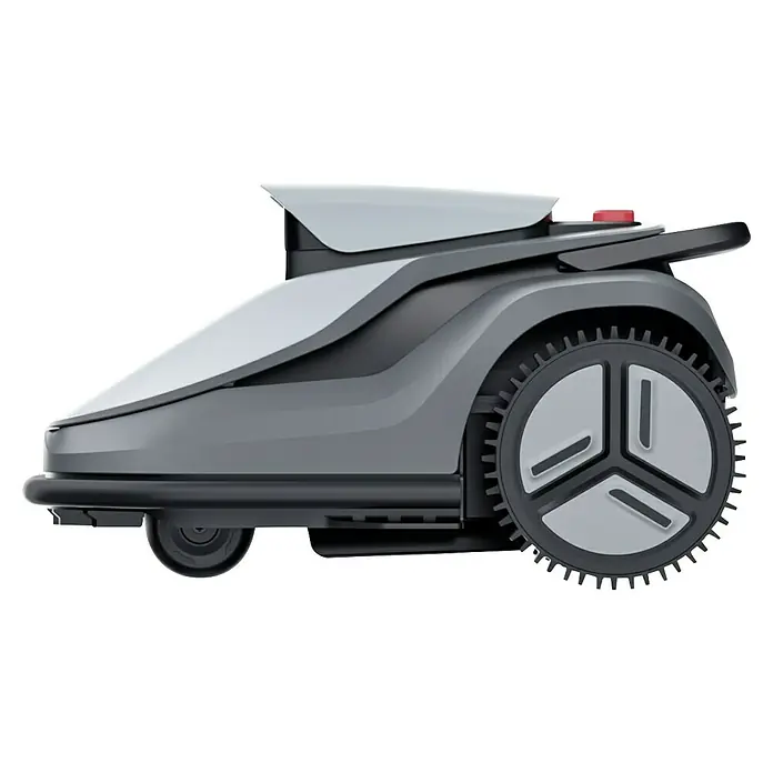 Terramow Mähroboter-Set V1000 inkl. Garage - 1.200 m², Schnittbreite: 20,3 cm, Kamera-gestützte Navigation - Detailaufnahme eines Rasenmähroboters mit robusten Rädern und modernem Design. Ideal für die effiziente Gartenpflege.