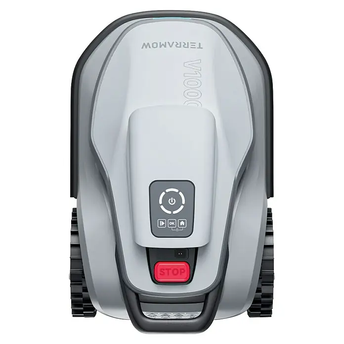 Terramow Mähroboter-Set V1000 inkl. Garage - 1.200 m², Schnittbreite: 20,3 cm, Kamera-gestützte Navigation - Obere Ansicht eines TERRAMOW V1000 Rasenroboters mit Bedienfeld und rotem Stoppknopf, der ein modernes und effizientes Design zeigt.