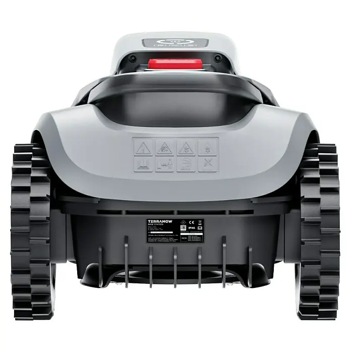 Terramow Mähroboter-Set V1000 inkl. Garage - 1.200 m², Schnittbreite: 20,3 cm, Kamera-gestützte Navigation - Rückansicht des TerraMow Rasenroboters mit Raupenantrieb und Warnhinweisen, ideal für anspruchsvolle Gärten.