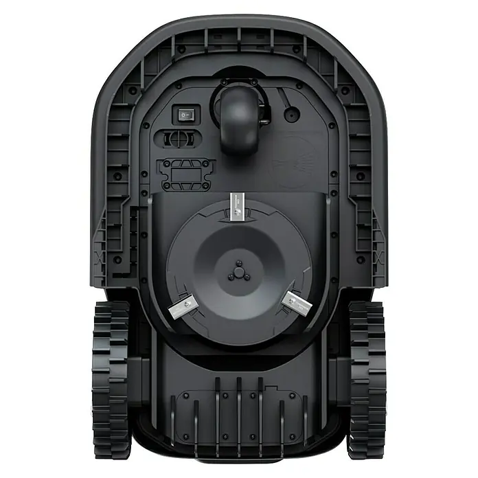 Terramow Mähroboter-Set V1000 inkl. Garage - 1.200 m², Schnittbreite: 20,3 cm, Kamera-gestützte Navigation - Unterseite eines Robotermähers. Detailansicht des Mähwerks mit scharfen Klingen und den robusten Raupenantrieb für unwegsames Gelände.