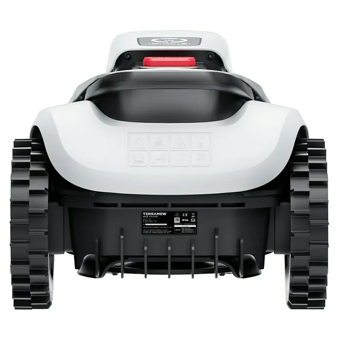 Terramow Mähroboter-Set V600 inkl. Garage - 600 m², Schnittbreite: 20,3 cm, Kamera-gestützte Navigation - Rückansicht des Terra Mow Rasenmähroboters mit Raupenantrieb und weißem Gehäuse. Das Gerät steht stabil auf dem Boden.