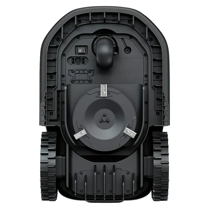 Terramow Mähroboter-Set V600 inkl. Garage - 600 m², Schnittbreite: 20,3 cm, Kamera-gestützte Navigation - Ansicht von unten eines Mähroboters mit Schneidwerk und Raupenantrieb für unwegsames Gelände.