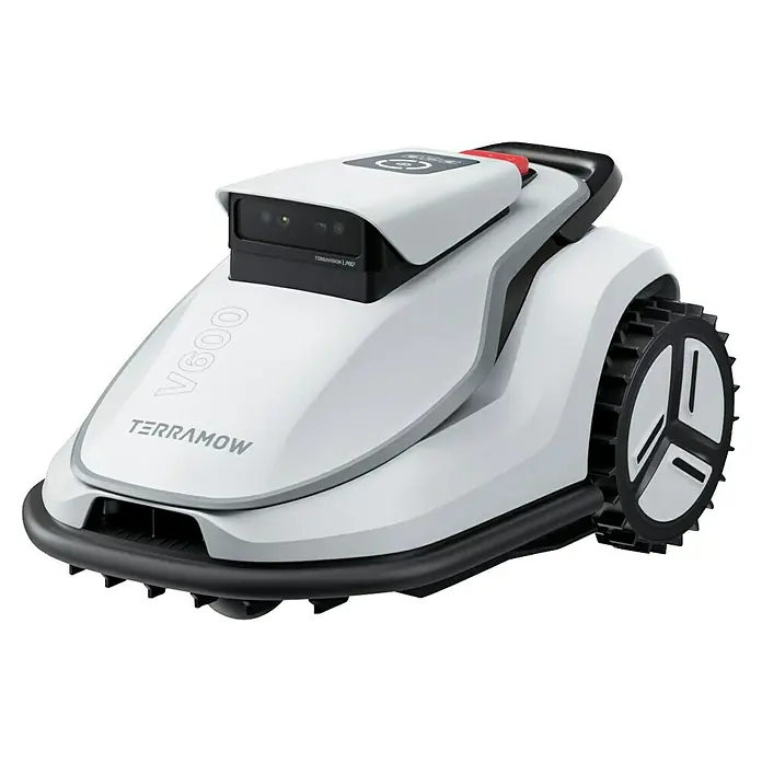 Terramow Mähroboter-Set V600 inkl. Garage - 600 m², Schnittbreite: 20,3 cm, Kamera-gestützte Navigation - Terrassenmähroboter V600 in Weiß und Grau mit schwarzem Stoßfänger und Rädern.