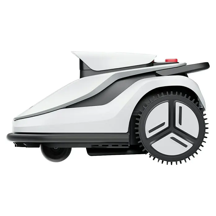Terramow Mähroboter-Set V600 inkl. Garage - 600 m², Schnittbreite: 20,3 cm, Kamera-gestützte Navigation - Seitenansicht eines weißen Rasenmähroboters mit einem markanten Raddesign und einem roten Knopf oben.