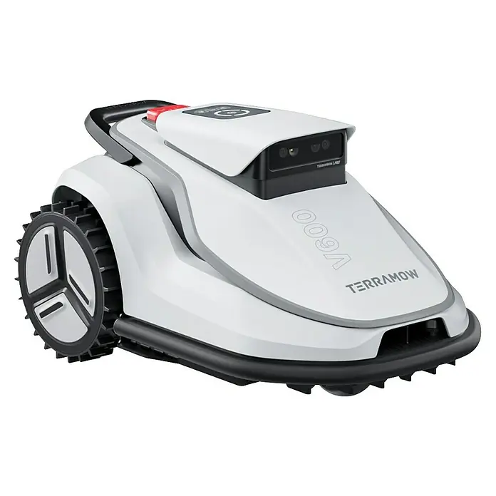 Terramow Mähroboter-Set V600 inkl. Garage - 600 m², Schnittbreite: 20,3 cm, Kamera-gestützte Navigation - Nahaufnahme eines TerraMow V600 Robotermähers mit intelligenten Sensoren und robustem Design für effiziente Rasenpflege.