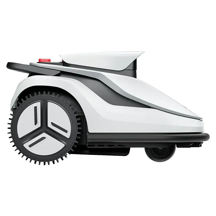 Terramow Mähroboter-Set V600 inkl. Garage - 600 m², Schnittbreite: 20,3 cm, Kamera-gestützte Navigation - Bild eines Rasenmähroboters mit weißem Gehäuse und markanten Rädern. Modernes Design für effiziente Gartenpflege.