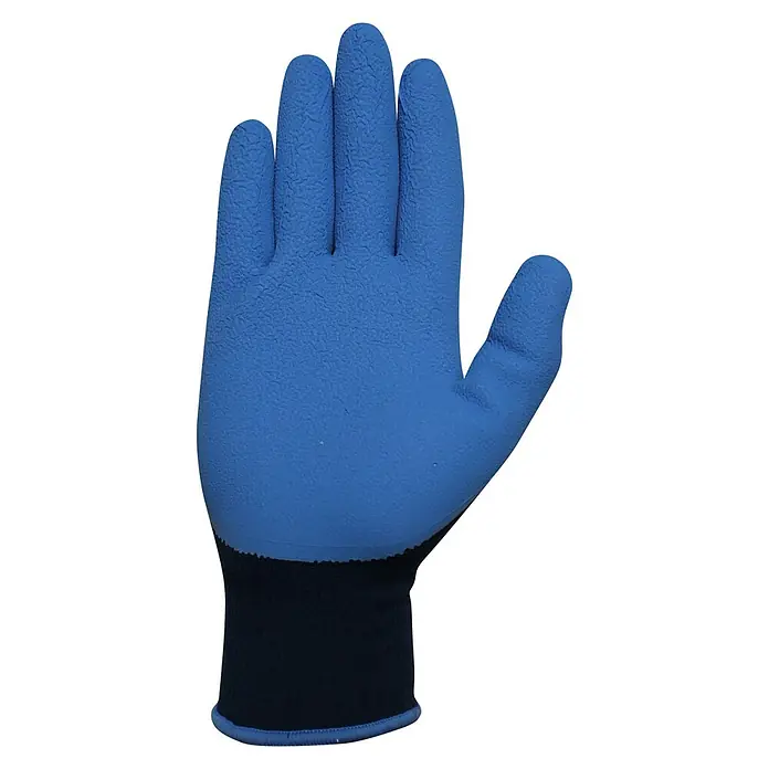 Juba Guantes para jardín - 8, Azul, Poliéster, 2 ud. - Un guante de trabajo azul con protección de muñeca negra, ideal para diversas áreas de trabajo y que ofrece una excelente protección.