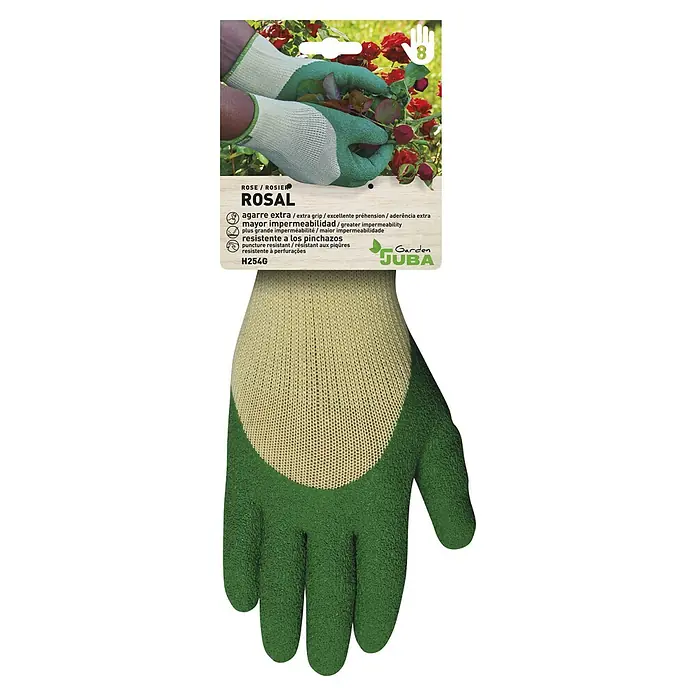 Juba Guantes para jardín rugoso - 9, Verde, Poliéster, 2 ud. - Primer plano del guante de jardinería "Garden JUBA Rosal" con agarre extra y mayor resistencia a pinchazos y espinas.