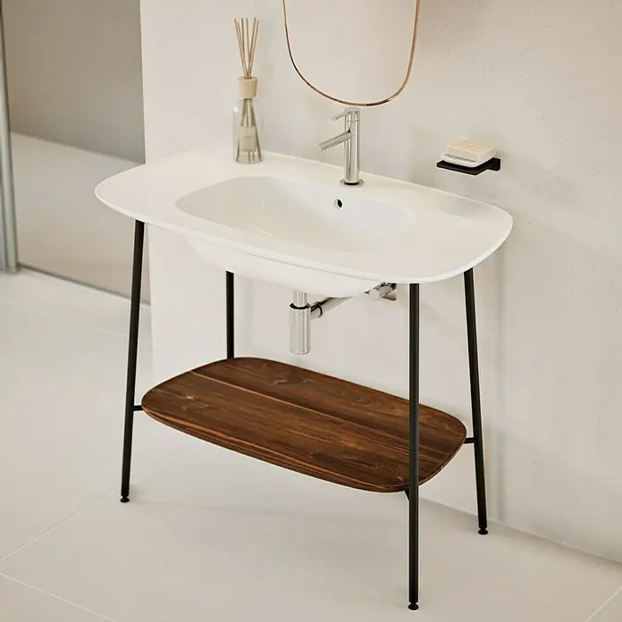 VitrA Plural Badmöbel-Set - Gesamtbreite Badmöbel: 99,5 cm, Weiß/Eiche Dunkel/Schwarz, Glänzend, 3 -tlg. - Elegantes Waschbecken mit Unterschrank: Stilvolles Design für moderne Badezimmer mit Ablagefläche.