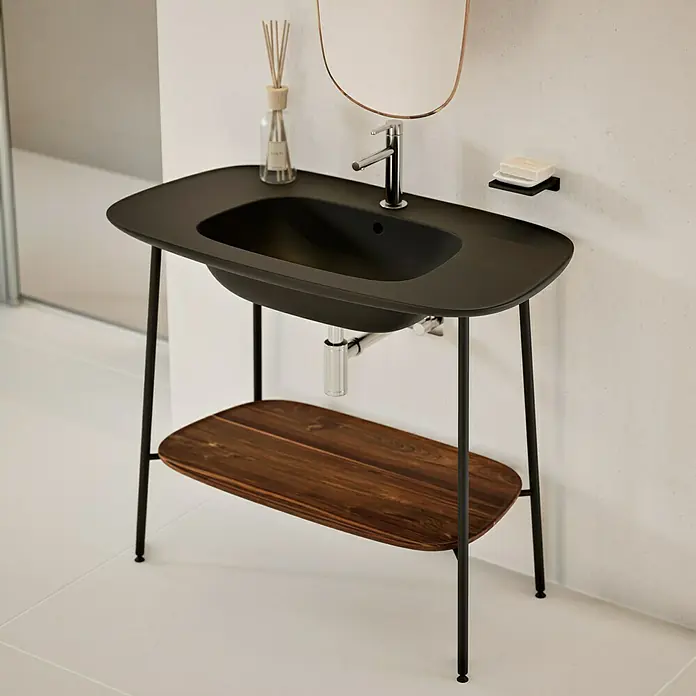 VitrA Plural Badmöbel-Set - Gesamtbreite Badmöbel: 99,5 cm, Schwarz/Eiche Dunkel, Matt, 3 -tlg. - Elegantes Waschbecken mit schwarzer Oberfläche und Holzablage. Stilvolles Design für moderne Badezimmer.