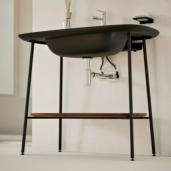 VitrA Plural Badmöbel-Set - Gesamtbreite Badmöbel: 99,5 cm, Schwarz/Eiche Dunkel, Matt, 3 -tlg. - Schwarzes Waschbecken mit schlankem Metallgestell und Ablage aus Holz, minimalistisch und modern.