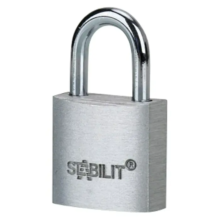 Stabilit Candado A20 - Ancho: 21 mm, Espesor de estribo: 3,5 mm - Un candado Stabilit plateado con un arco curvado brillante y el nombre de la marca visible en el cuerpo del candado.
