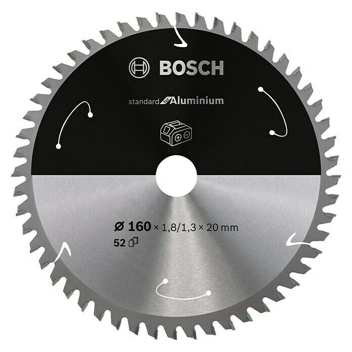 Bosch Kreissägeblatt Standard for AluminiumDurchmesser: 160 mm, Bohrung: 20 mm, Anzahl Zähne: 52 Zähne Front View