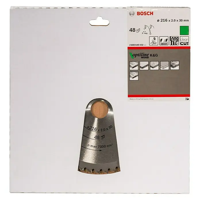 Bosch Disco de sierra Optiline Wood - 216 mm, Orificio: 30 mm, Número de dientes: 48 ud. - Hoja de sierra circular para madera Bosch Optiline K&G, Ø 216 x 2,0 x 30 mm, 48 dientes, para cortes limpios en madera.