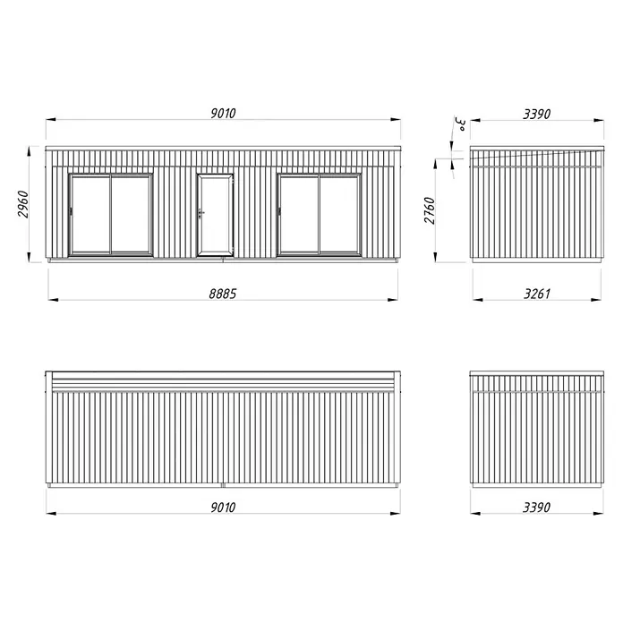 Palmako Gartenhaus Johanna Nordic Plus - Außenmaß inkl. Dachüberstand (B x T): 901 x 339 cm, Holz, Natur unbehandelt - Die Abbildung zeigt die technischen Zeichnungen eines Fertighauses mit Maßen, Ansichten von vorne und von der Seite.