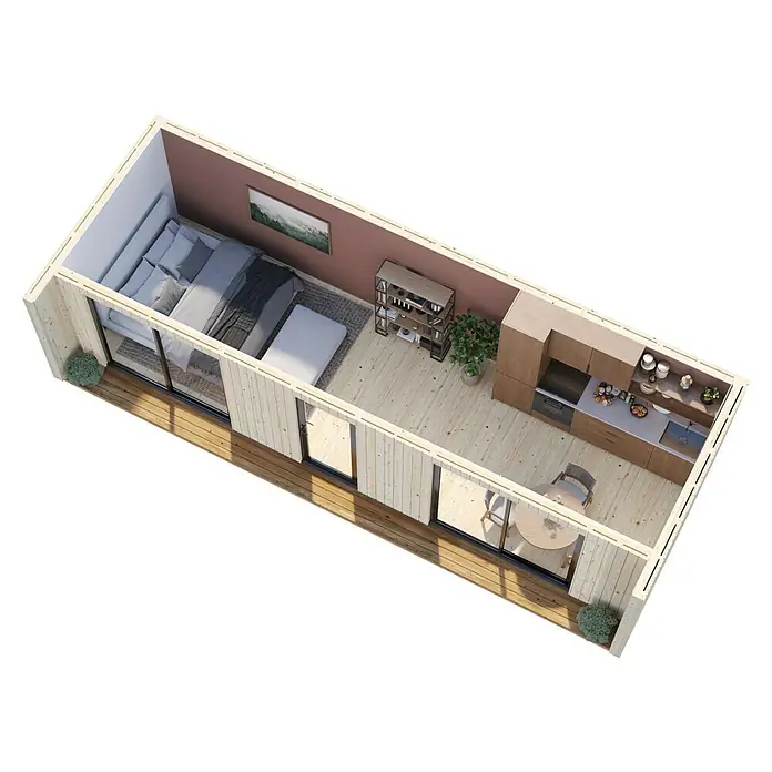 Palmako Gartenhaus Johanna Nordic Plus - Außenmaß inkl. Dachüberstand (B x T): 901 x 339 cm, Holz, Natur unbehandelt - Ansicht von oben auf ein kompaktes, modernes Haus mit Schlafzimmer, Küche und Wohnbereich. Das Haus verfügt über große Fenster und einen Balkon.