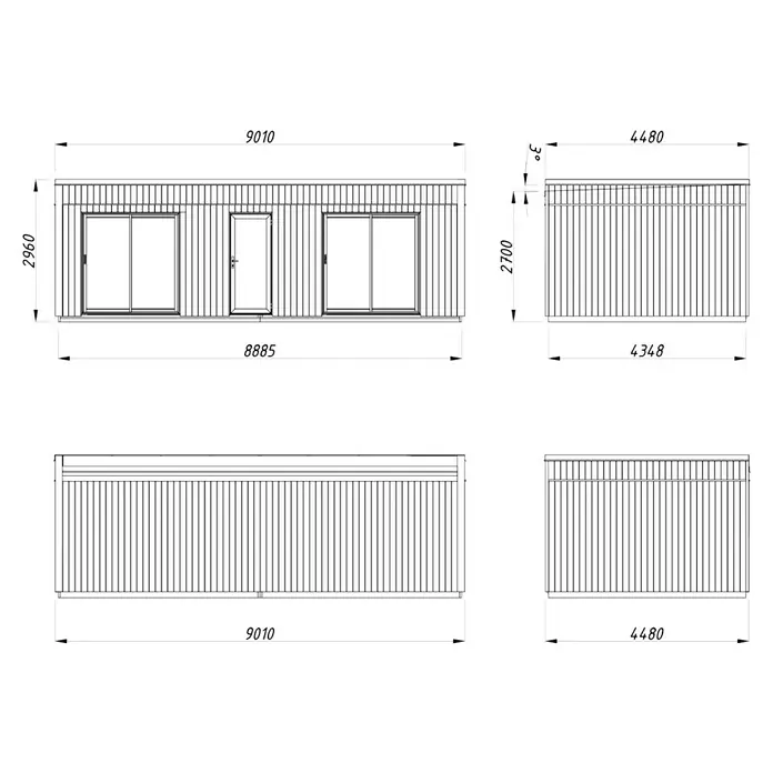 Palmako Gartenhaus Johanna Nordic Plus - Außenmaß inkl. Dachüberstand (B x T): 901 x 448 cm, Holz, Natur unbehandelt - Ansicht eines Wohncontainers mit Abmessungen, der die Gesamtstruktur und Größe des vorgefertigten Hauses zeigt.