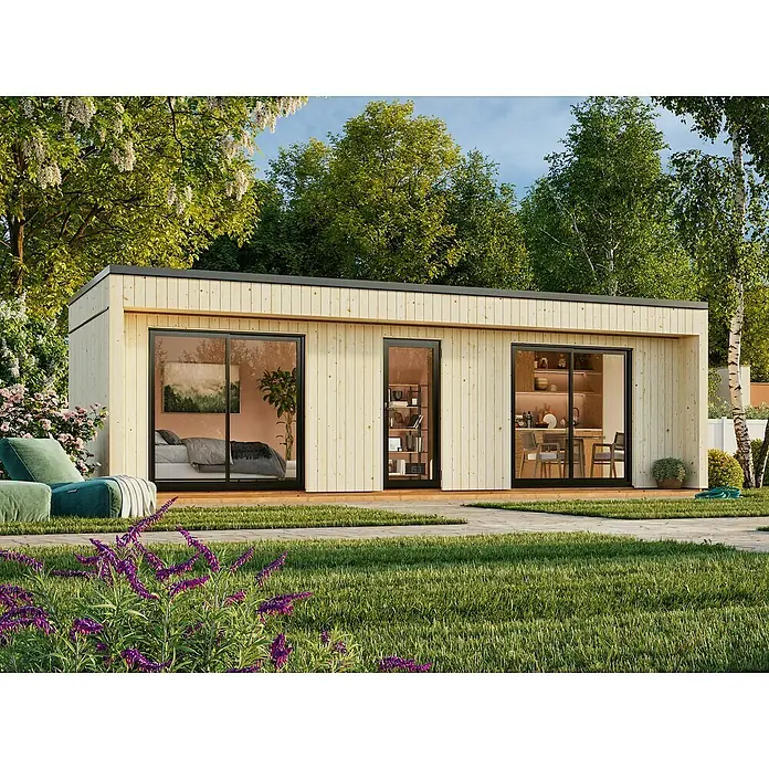 Palmako Gartenhaus Johanna Nordic Plus - Außenmaß inkl. Dachüberstand (B x T): 901 x 339 cm, Holz, Natur unbehandelt - Ein modernes Gartenhaus mit großen Fenstern und einer Tür, umgeben von einem gepflegten Garten mit Blumen.