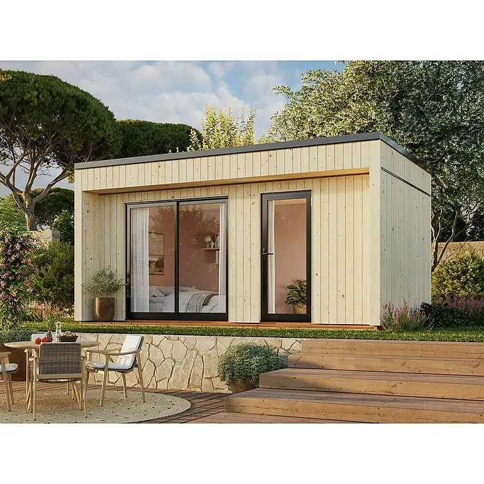 Palmako Gartenhaus Johanna Nordic Plus - Außenmaß inkl. Dachüberstand (B x T): 562 x 339 cm, Holz, Natur unbehandelt - Ein modernes Gartenhaus mit Holzverkleidung, großen Fenstern und einer einladenden Terrasse. Perfekt für Entspannung und als stilvoller Rückzugsort im Grünen.