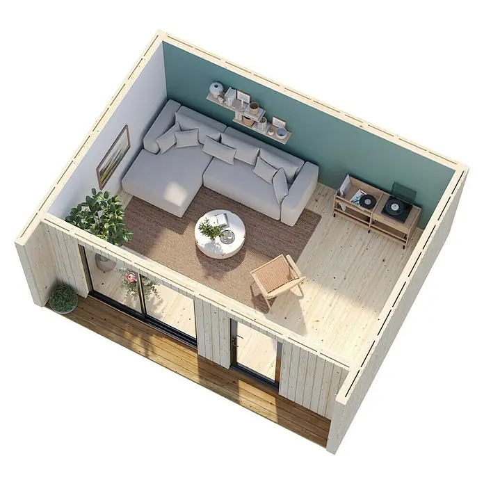 Palmako Gartenhaus Johanna Nordic Plus - Außenmaß inkl. Dachüberstand (B x T): 562 x 448 cm, Holz, Natur unbehandelt - Helle, moderne Raumansicht mit Ecksofa, Teppich und Holzmöbeln, die ein gemütliches und stilvolles Ambiente schafft.