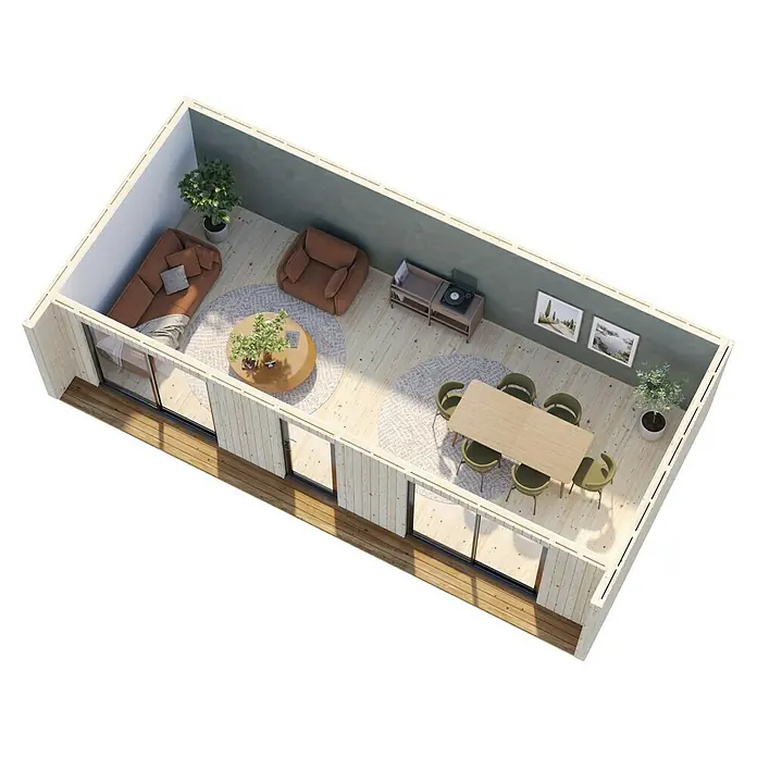 Palmako Gartenhaus Johanna Nordic Plus - Außenmaß inkl. Dachüberstand (B x T): 901 x 448 cm, Holz, Natur unbehandelt - Blick von oben auf ein modernes Wohnzimmer mit Couch, Sessel, Esstisch und Stühlen, das ein stilvolles und komfortables Wohnambiente bietet.